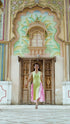 Green & Pink Bell Gown with Full Gathered Skirt